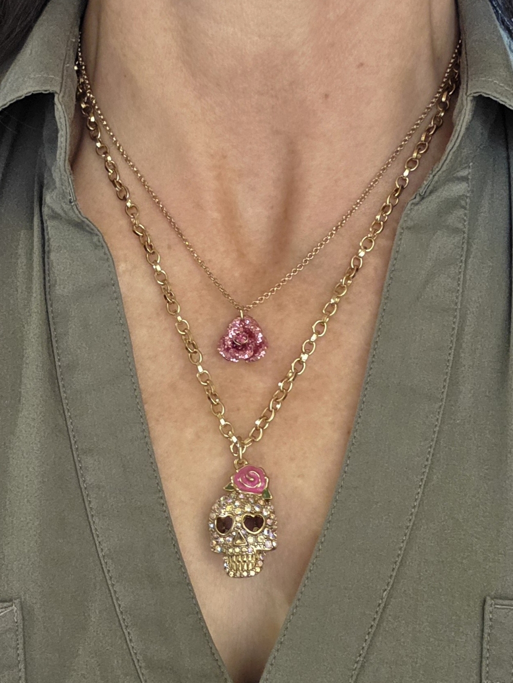 Betsey Johnson Sparkling Pink Crystal Pavé Skull & Rose Necklace